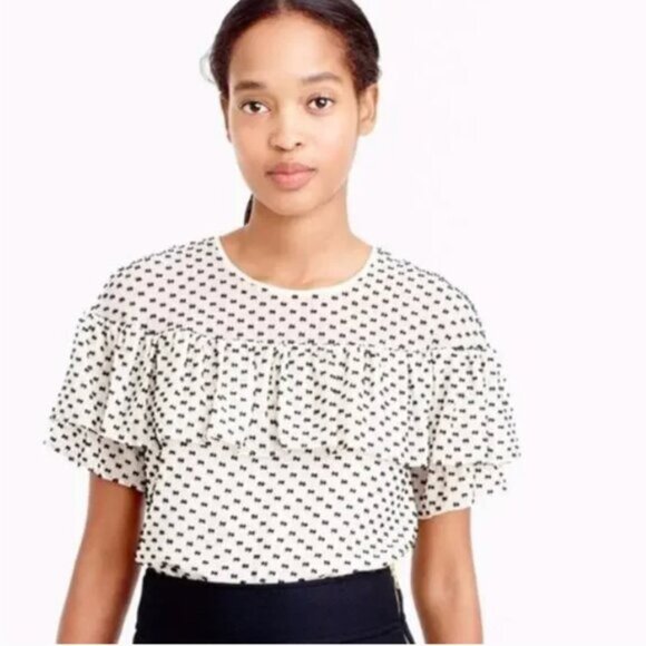 J. Crew Black Silk-Blend Ruffle Polka Dot Blouse - Size 0 - Picture 2 of 9